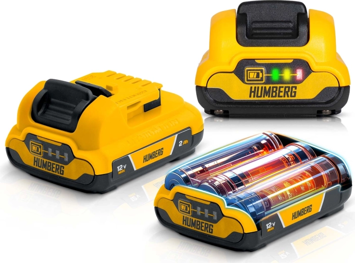 Két cserélhető 12V Li‑Ion akkumulátor LED jelzéssel