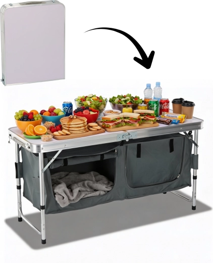 Összecsukható kemping szekrény munkafelülettel 120 × 47 × 68 cm