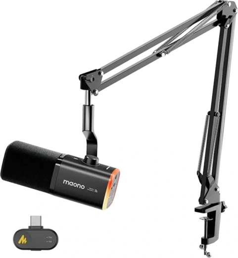 Maono PD100WS vezeték nélküli és USB dinamikus mikrofon AI zajcsökkentéssel és RGB-vel (fekete)