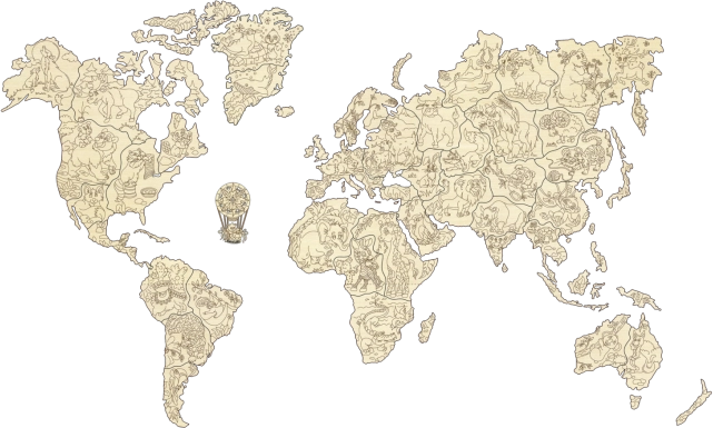 Fából készült világtérkép állatokkal M méret (57 × 38 cm) WOODEN CITY