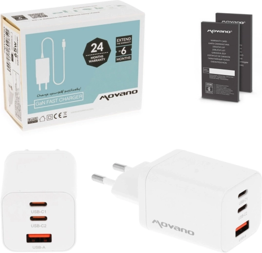 Movano GaN töltő 65 W, 2× USB-C PD + USB-A fehér