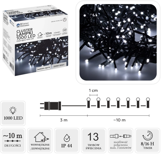 LED cluster fényfüzér, 1000 LED, hideg fehér, 10 m