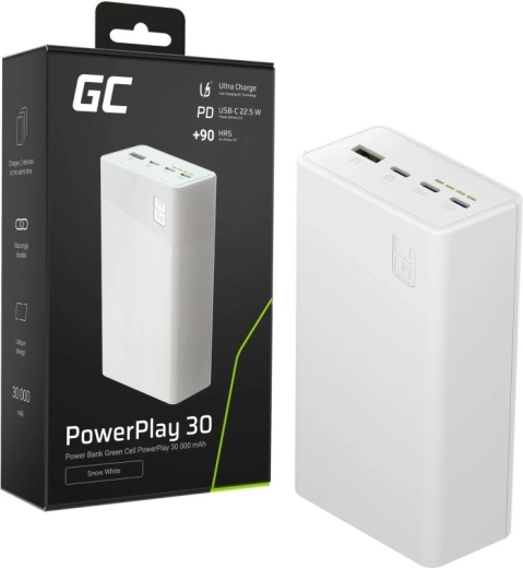 Powerbank 30000 mAh, 22,5 W, 4 port, fehér