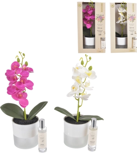 Dekoratív orchidea kaspóban LED-világítással és 30 ml-es illatspray-vel