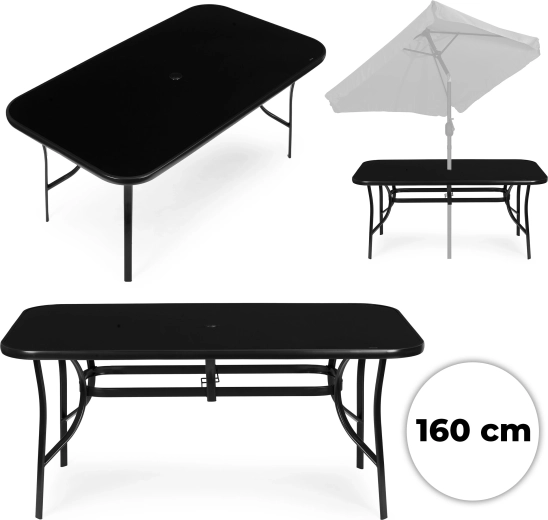 MultiGarden kerti asztal 160 × 90 cm edzett üveggel, napernyőnyílással, fekete