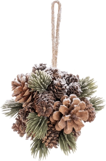 Függeszthető karácsonyi dekoráció – tobozgömb, hóhatású, 12 cm