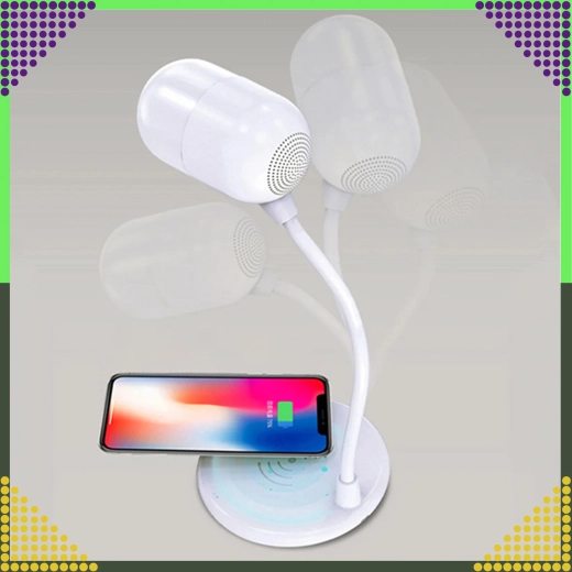 Asztali LED lámpa vezeték nélküli 5 W töltéssel és Bluetooth hangszóróval