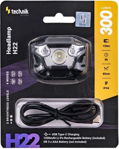 Technik H22 fejlámpa USB‑C‑vel, fehér, piros és zöld fénnyel (300 lm)