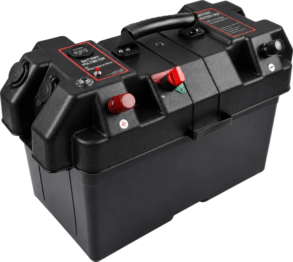 Hordozható doboz 12 V-os akkumulátorhoz voltmérővel és 2× USB-vel