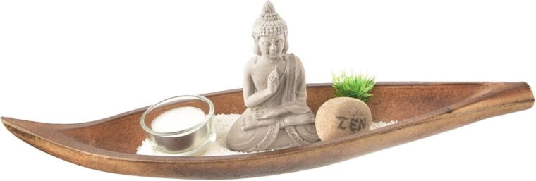 Fa gyertyatartó Buddha-motívummal, természetes fa dekorban