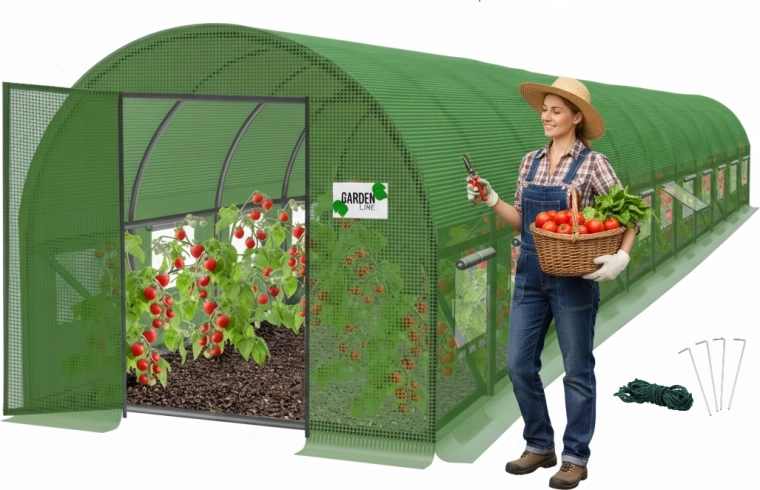 Kerti fóliasátor 12 szegmenses zöld 12 × 5 × 2 m lengőajtókkal