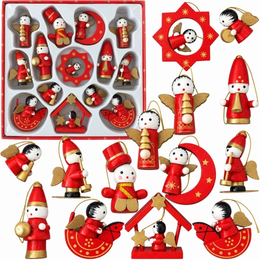 Fából készült karácsonyi függődíszek, 14 darab - 1 csomag