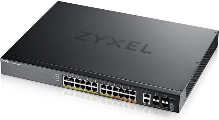 L3 hozzáférési switch 24× PoE-vel, 10GbE RJ‑45 és 4× 10GbE SFP+