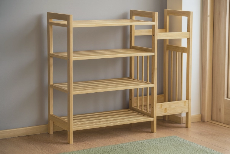 Bambusz polc 4 polccal és oldalsó esernyőtartóval 73,5 × 28 × 66 cm