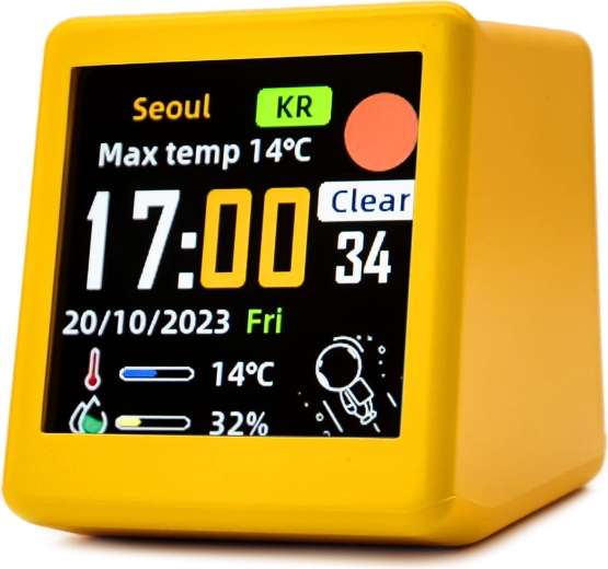 Okos elektronikus ébresztőóra Wi‑Fi-vel, LCD kijelzővel és időjárásállomással (sárga) – 1 db