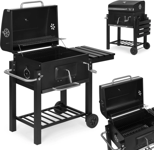 nagy kerti faszenes grill fedéllel, hőmérővel és polcokkal