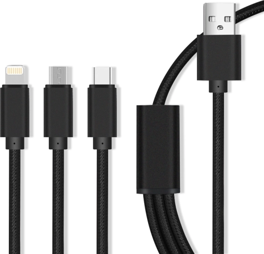 Maxlife nejlonszövetű 3az1-ben töltőkábel Micro USB / USB‑C / Lightning 2,1 A, fekete