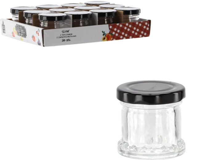 30 ml-es dombornyomott üvegcse fekete fém tetővel