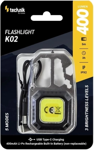 Technik MT-K02 kulcstartós COB LED munkalámpa karabinerrel és USB‑C-vel, 400 lm