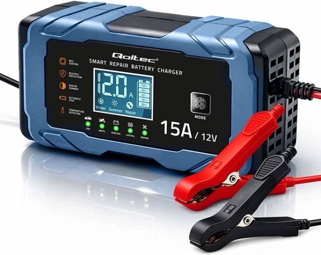 Qoltec intelligens autóakkumulátor-töltő 12 V 15 A, javító funkcióval AGM/GEL/LiFePO4 akkukhoz