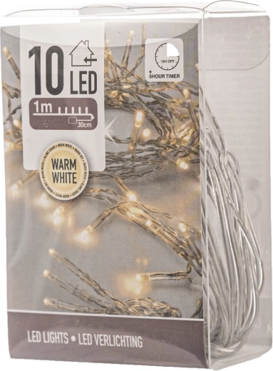LED fényfüzér beltérre 1 m, 10 LED, meleg sárga, időzítővel