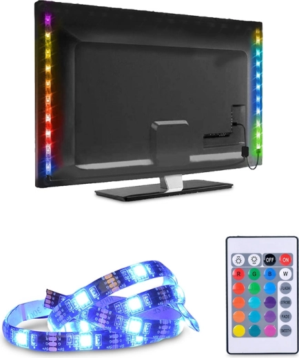 Solight LED RGB szalag TV-hez és PC-hez, 2× 50 cm, USB-csatlakozóval, kapcsolóval és távirányítóval