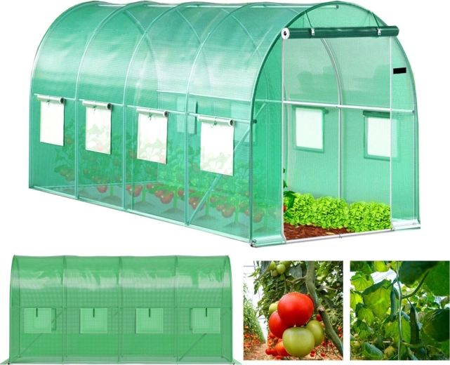 Kerti alagút üvegház 4 × 2 × 2 m, 8 m² UV fóliával és fém vázzal, 2 bejárat
