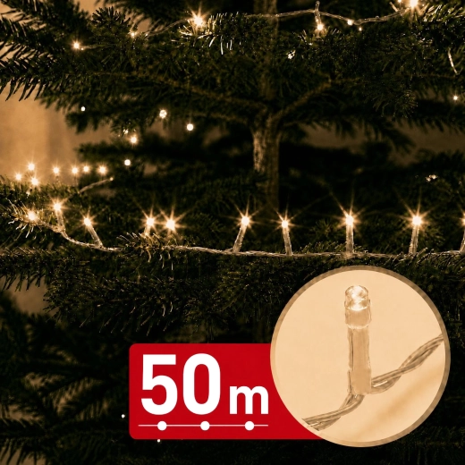 50 m-es LED-es fényfüzér 1000 meleg fehér LED-del
