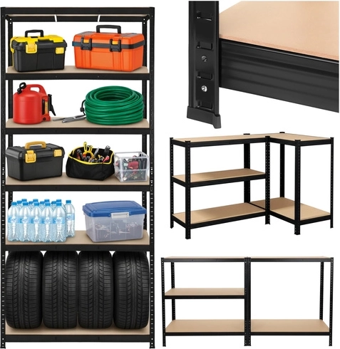 Fém polcrendszer műhelybe és garázsba 220 × 100 × 45 cm, 5 polc, 1000 kg teherbírás, BIGSTREN – fekete
