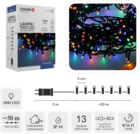 LED karácsonyi fényfüzér 1000 db multicolor diódával, 50 m, beltéri/kültéri - 1 db