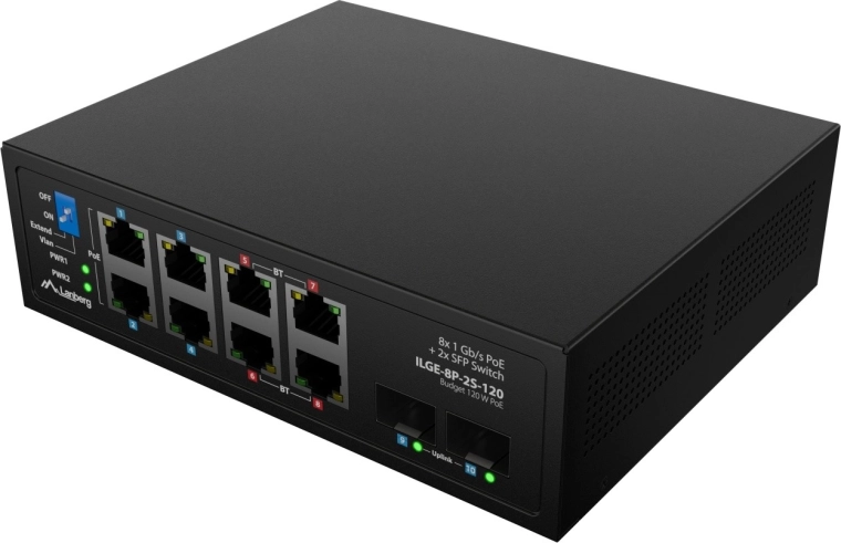 8× gigabites PoE + 2× SFP uplink a rugalmas topológiához