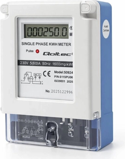 Qoltec egyfázisú energiafogyasztás-mérő 230 V 5(60) A LCD