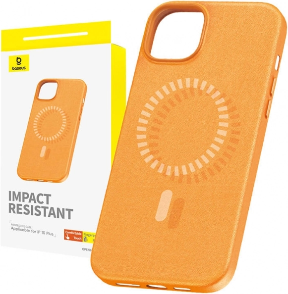 Mágneses BASEUS Fauxther tok iPhone 15 Plus-hoz (narancssárga)