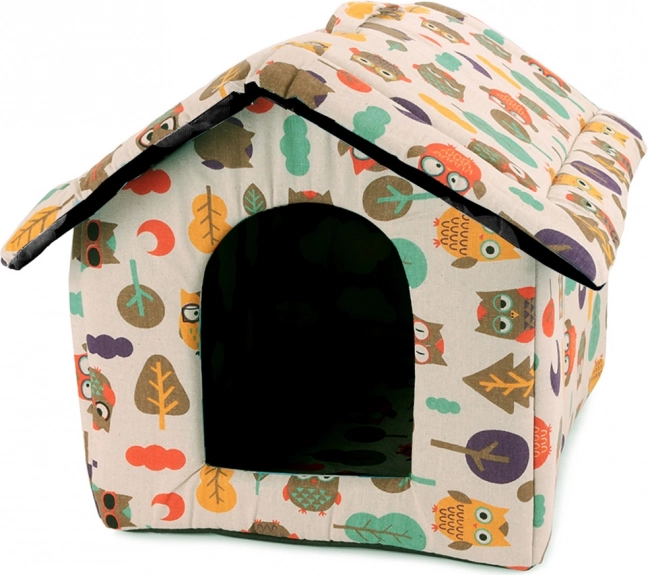 Textil házikó kutyáknak és macskáknak bagoly mintával, L méret