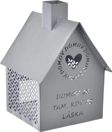 Fém házikó „Otthon” – mécsestartó, szürke, 15 cm