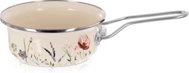 Krém színű, mákmintás zománcozott nyeles lábas 16 cm, 950 ml