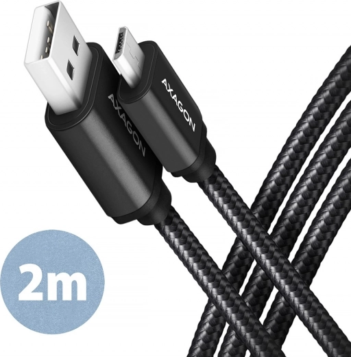 Kabel AXAGON MicroUSB - USB A 2m, ALU fonott, fekete