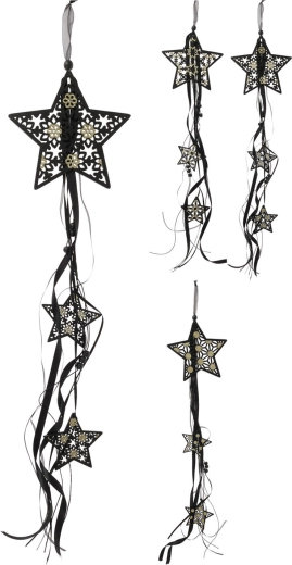 Függeszthető fa csillag szalagokkal 16 cm – fekete‑arany dekoráció