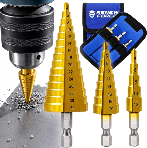 RENEW FORCE 4–32 mm HSS titán lépcsős fúrókészlet hatszög szárú