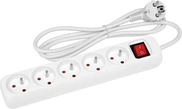 Hosszabbító elosztó 5 m, 5 aljzattal és kapcsolóval, fehér