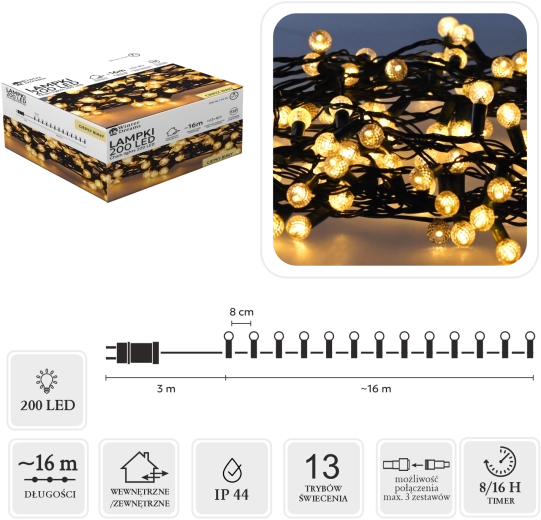 LED-es fényfüzér Cherry Ball, 200 LED, meleg fehér, 16 m