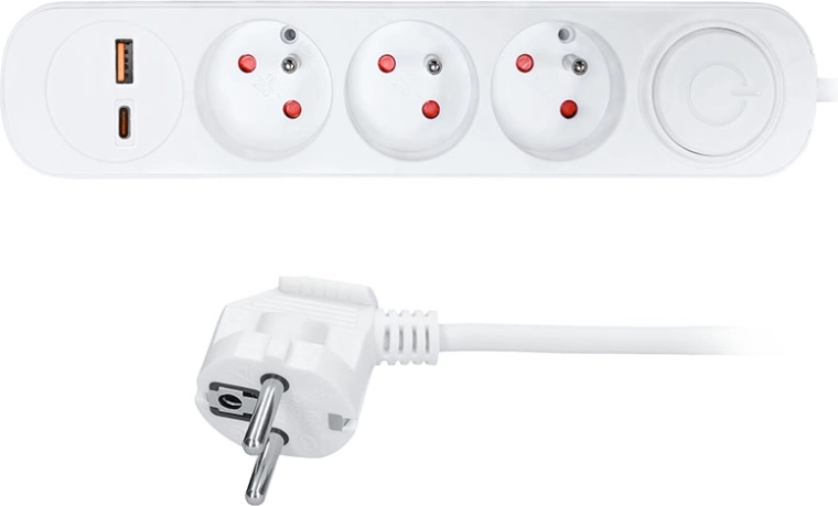 Solight hosszabbító 3 aljzattal, USB-A és USB-C PD 20 W csatlakozóval, 2 m, fehér, kapcsolóval