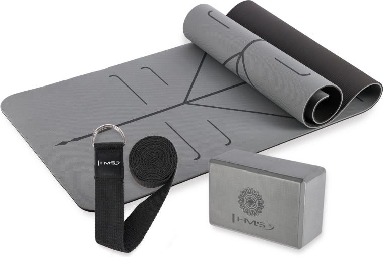 Szürke HMS jóga szett – matrac, blokk és heveder