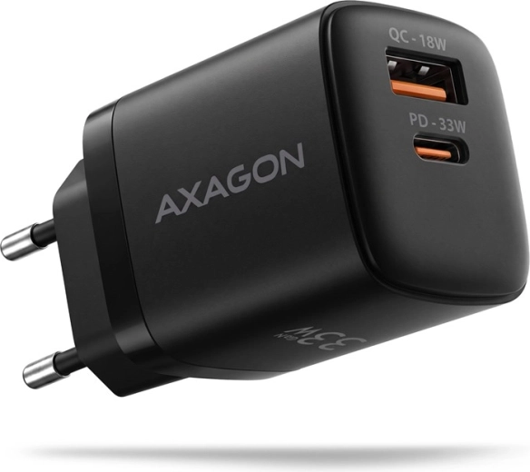 AXAGON GaN 33 W-os hálózati töltő 2 porttal, USB-C és USB-A, fekete