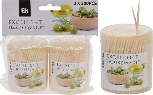 Bambusz, kétvégű fogvájó kerek tartóval, 2 × 500 db