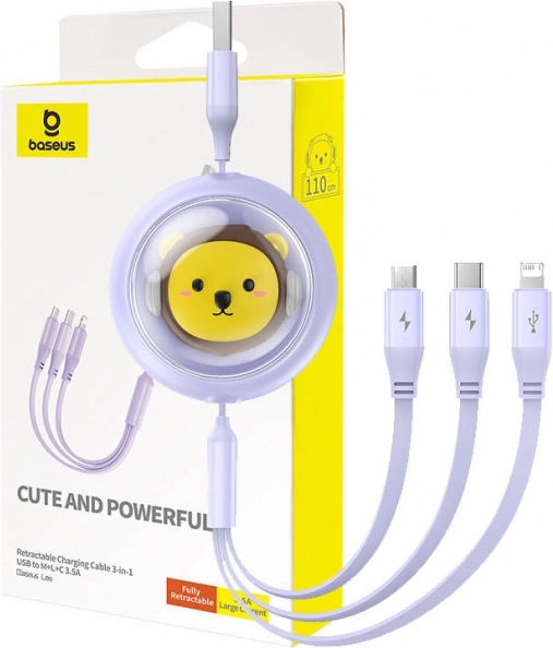 BASEUS kihúzható 3 az 1-ben töltőkábel USB-ről USB‑C, Lightning és Micro USB csatlakozóra, 3,5 A, 1,1 m – lila