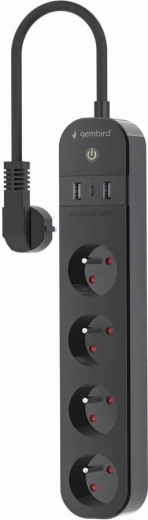 Tuya WiFi intelligens túlfeszültségvédett hosszabbító, 4× FR aljzat, 2× USB‑A és 1× USB‑C, fekete
