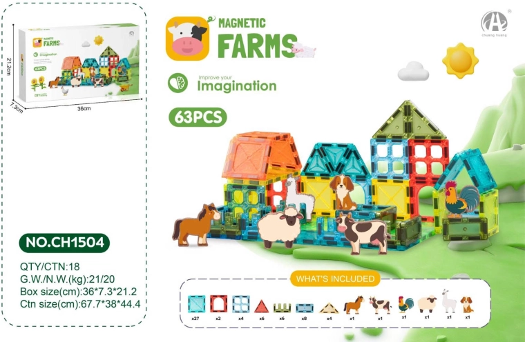 Mágneses építőkockák – farm, 63 db