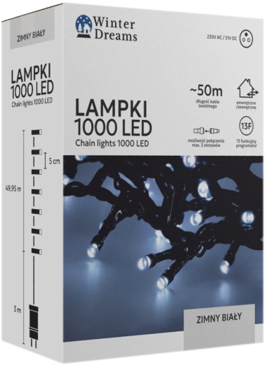 LED fényfüzér, 1000 LED, hideg fehér, 50 m