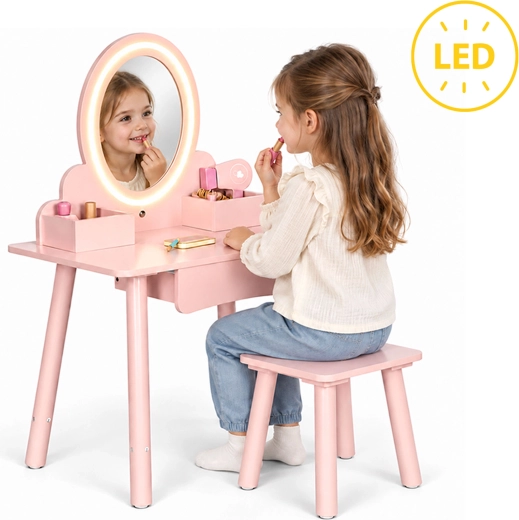 Gyermek fa fésülködőasztal ECOTOYS LED-es tükörrel, székkel és kiegészítőkkel
